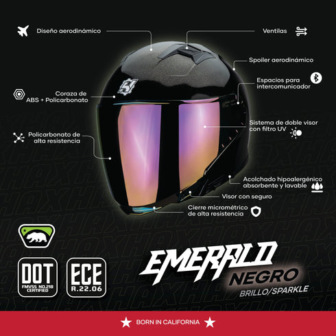 Casco Abierto Emerald 3/4 Sparkle Negro Acabado Brillante Logo Mercado Pago Hasta 20% OFF con Meses sin Tarjeta.